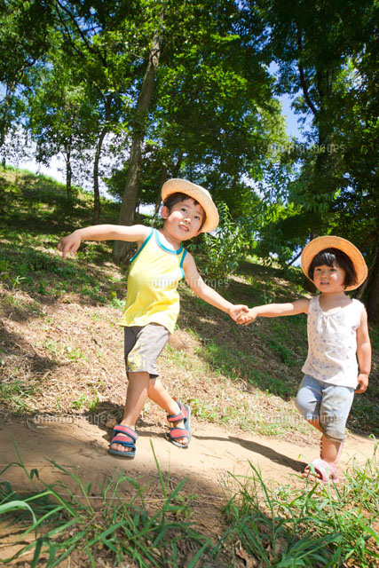 木漏れ日の中を手をつないで歩く兄と妹 の写真素材 イラスト素材 アマナイメージズ