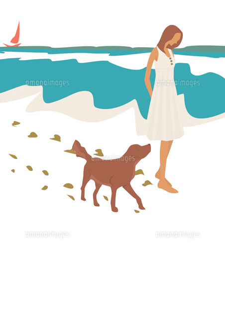 砂浜を歩く女性と犬 イラスト の写真素材 イラスト素材 アマナイメージズ
