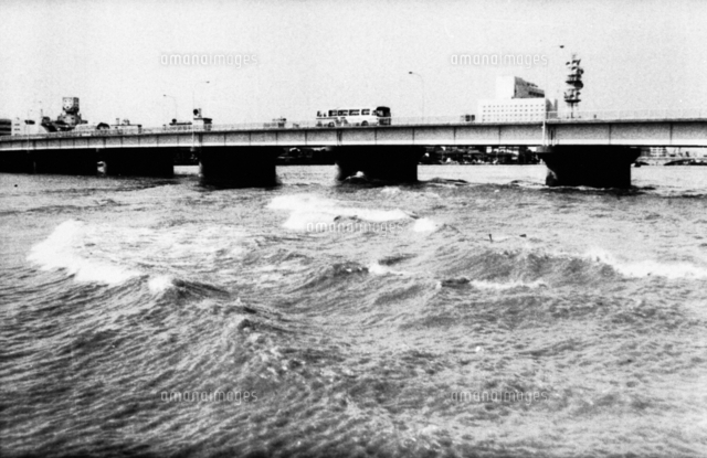 日本海中部地震 津波で白波を立てて逆流する信濃川＝1983（昭和