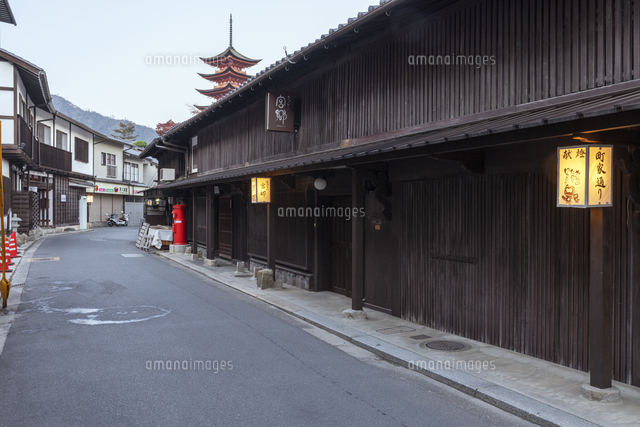 宮島町の町並 夜明け前の町家通りと五重塔 の写真素材 イラスト素材 アマナイメージズ