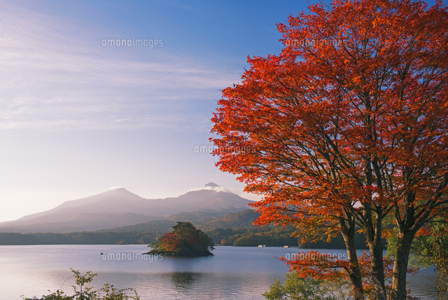 紅葉の桧原湖より磐梯山 会津富士 朝景 の写真素材 イラスト素材 アマナイメージズ