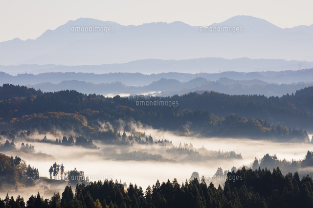 雲海の星峠の棚田と越後三山 越後駒ヶ岳 八海山 中ノ岳 朝景 の写真素材 イラスト素材 アマナイメージズ