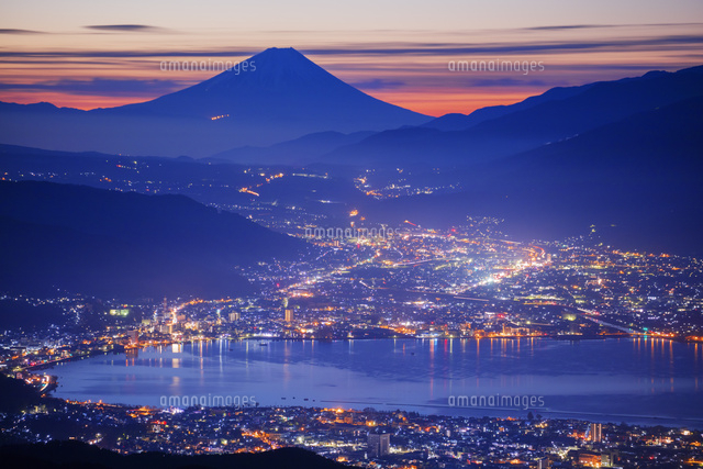高ボッチ高原より諏訪湖と富士山朝景[25516050230]の写真・イラスト