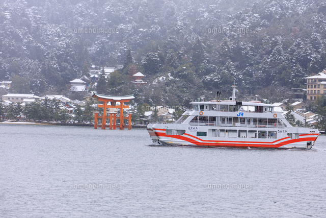 Jr西日本宮島フェリーと雪の宮島 厳島神社 大鳥居 の写真素材 イラスト素材 アマナイメージズ