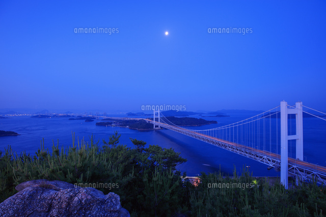 鷲羽山より瀬戸内海と瀬戸大橋夜景と月[25516054529]の写真・イラスト