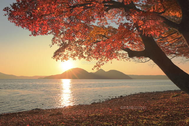 洞爺湖の紅葉と夕日 の写真素材 イラスト素材 アマナイメージズ