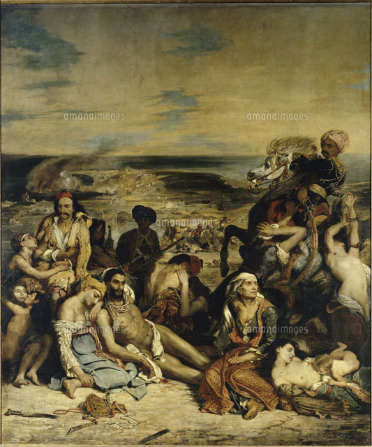 Scene des massacres de Scio : familles grecques attendant