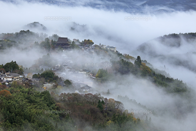 朝靄の吉野山と金峯山寺 の写真素材 イラスト素材 アマナイメージズ