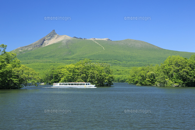 新緑の大沼公園の駒ヶ岳と大沼と観光船[26105014448]の写真