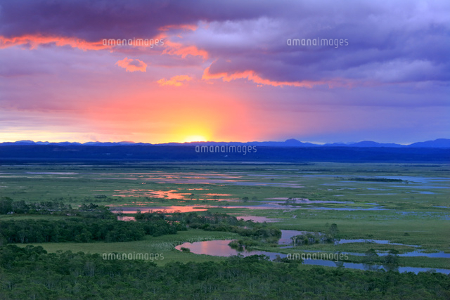 細岡展望台から夕焼の釧路湿原と釧路川[26105014951]の写真・イラスト
