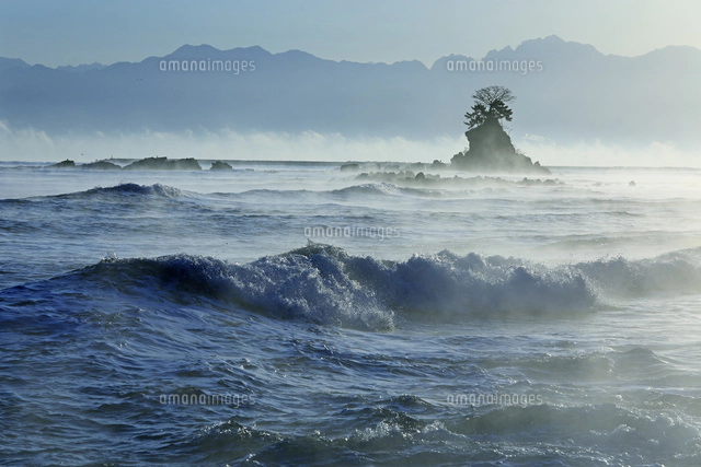 けあらしの雨晴海岸と朝焼けの立山連峰[26105015503]の写真・イラスト