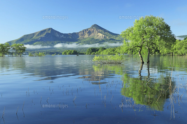 裏磐梯の桧原湖から磐梯山[26105016023]の写真・イラスト素材｜アマナ