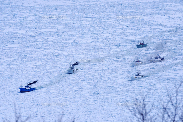 流氷に閉じ込められたスケソウダラ漁船 の写真素材 イラスト素材 アマナイメージズ