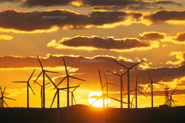 宗谷丘陵の風力発電の日没[26120079846]の写真・イラスト素材｜アマナ