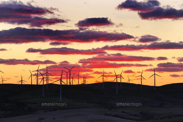宗谷丘陵の風力発電の日没[26120079846]の写真・イラスト素材｜アマナ