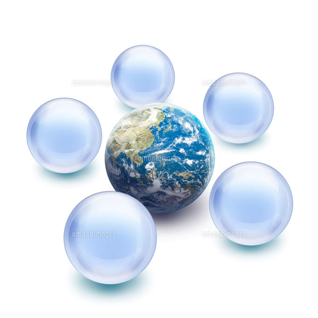 地球を囲む四つのガラス球体の中に花イメージ[00330001317]の写真