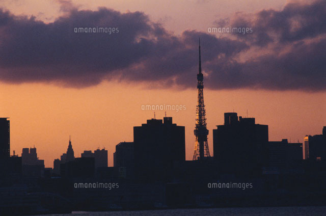 都市の夕景と東京タワーのシルエット 東京都 の写真素材 イラスト素材 アマナイメージズ