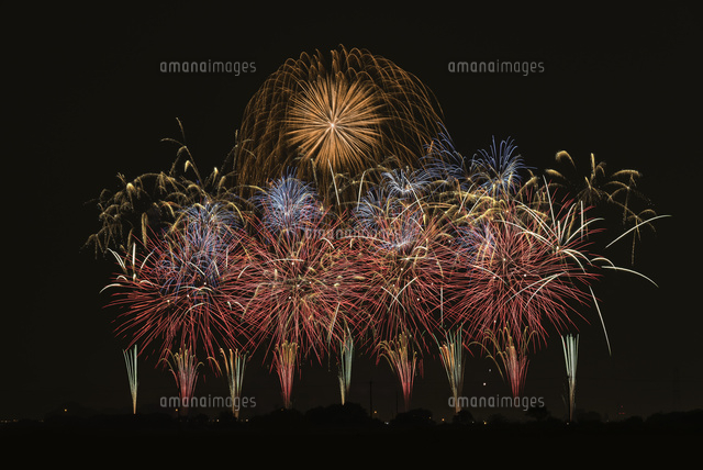 こうのす花火大会の音楽コラボスターマイン の写真素材 イラスト素材 アマナイメージズ