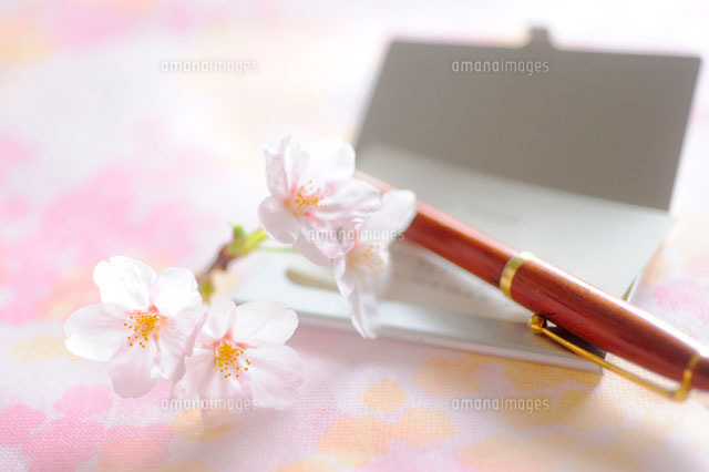 名刺入れとボールペンと桜の花 の写真素材 イラスト素材 アマナイメージズ