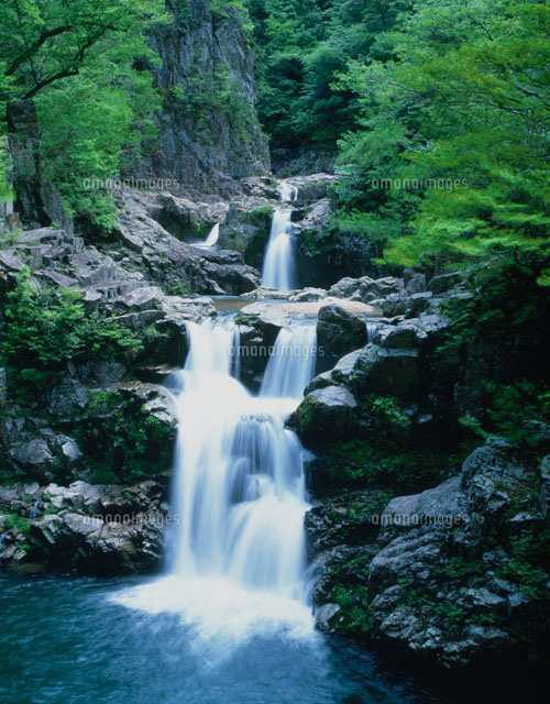 新緑の三段滝と三段峡 初夏 芸北町 広島県[01807001553]の写真