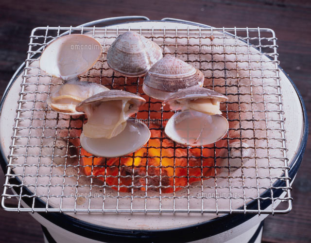 七輪で焼くハマグリ の写真素材 イラスト素材 アマナイメージズ