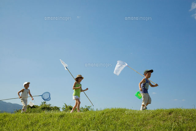 青空と虫取り網を持つ子供達 の写真素材 イラスト素材 アマナイメージズ