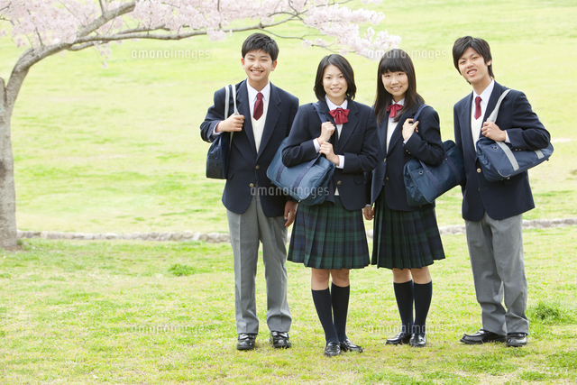 桜と男女学生4人 の写真素材 イラスト素材 アマナイメージズ