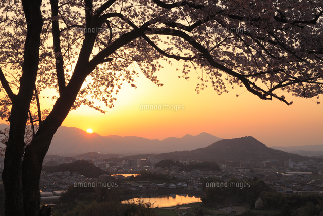 明日香 甘樫丘より畝傍山、二上山と夕日[10059000100]の写真・イラスト