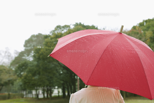 雨の日に赤い傘をさす女性 の写真素材 イラスト素材 アマナイメージズ