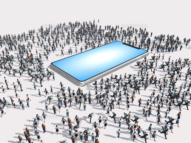 巨大なスマホから急いで離れる群衆[10143011732]の写真・イラスト素材｜アマナイメージズ