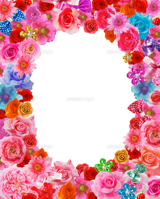 カラフルな花とリボンのフレーム の写真素材 イラスト素材 アマナイメージズ