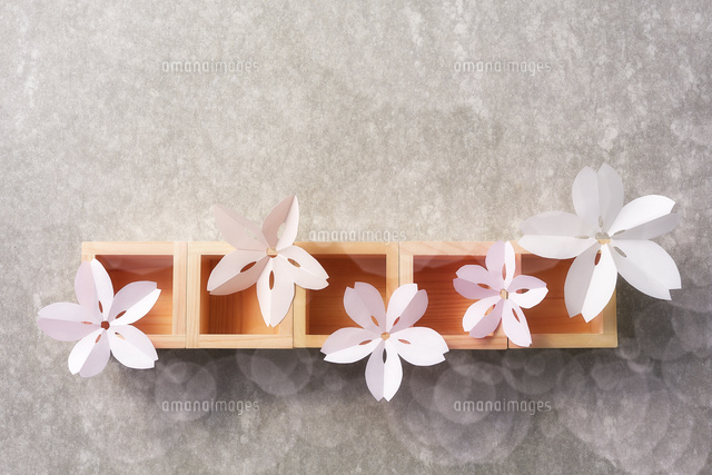 天板の上に置かれた五つの枡とその上に置かれた紙で出来たサクラ の写真素材 イラスト素材 アマナイメージズ 天板の上に置かれた五つの枡とその上に置かれた紙で出来たサクラ の写真素材 イラスト素材 アマナイメージズ