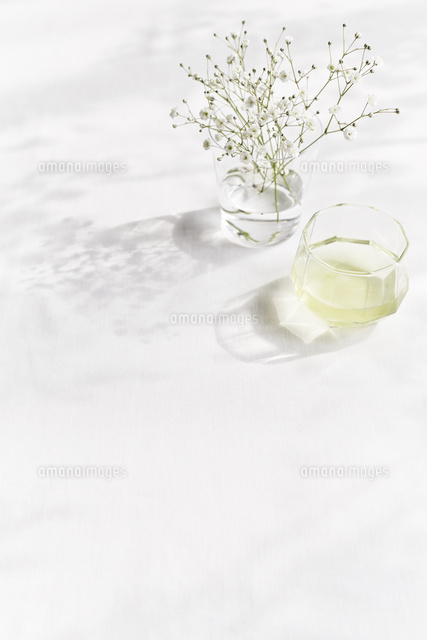 白いテーブルの上の緑茶が入ったグラスとカスミソウ の写真素材 イラスト素材 アマナイメージズ