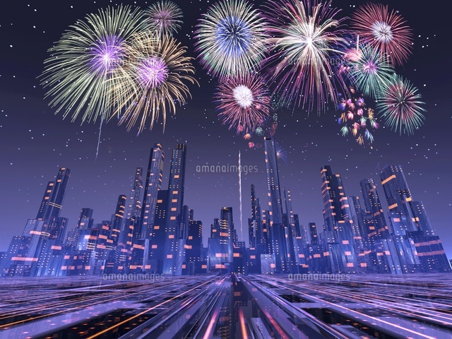 未来都市と花火[10185000571]の写真・イラスト素材｜アマナイメージズ