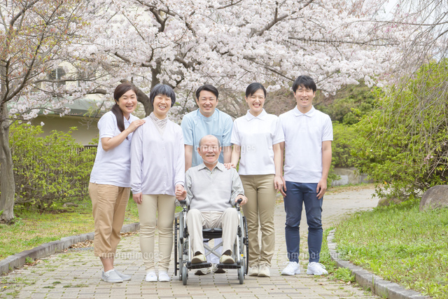 サクラ並木道で車椅子のシニア男性を囲む複数の家族と介護福祉士とｐｔ の写真素材 イラスト素材 アマナイメージズ