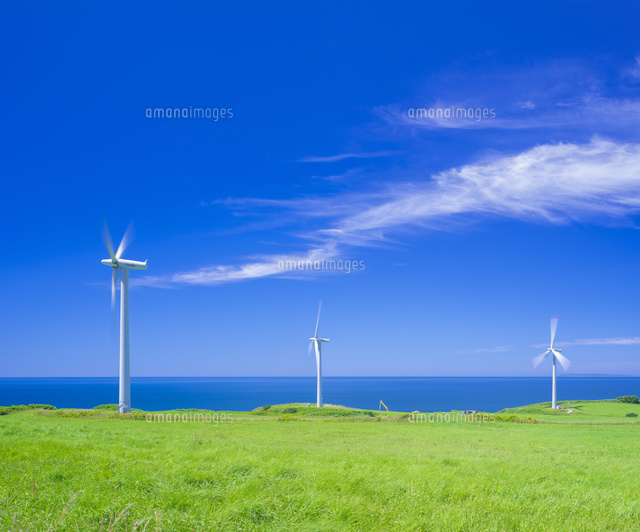 北海道 自然 風景 (青空と風車)[10190001296]の写真・イラスト素材