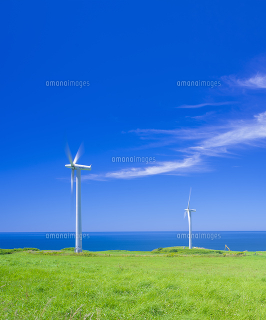 北海道 自然 風景 (青空と風車)[10190001297]の写真・イラスト素材