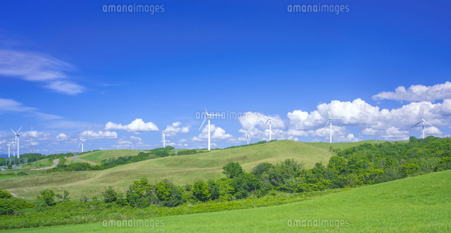 北海道 自然 風景 パノラマ 田園風景と風力発電風車と青空