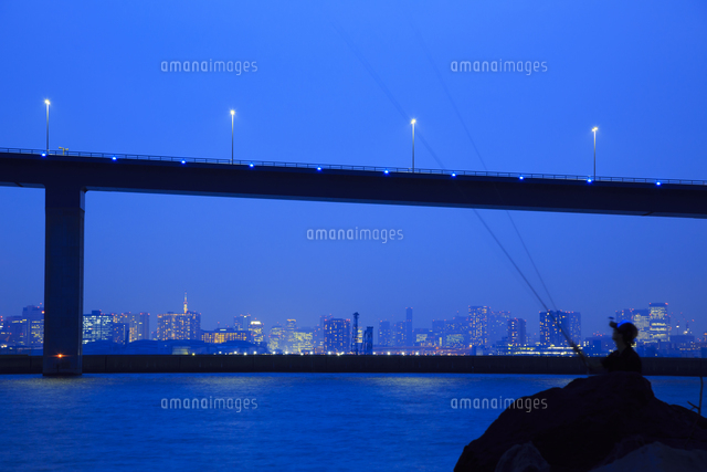 東京湾の夜景と釣り人のシルエット の写真素材 イラスト素材 アマナイメージズ