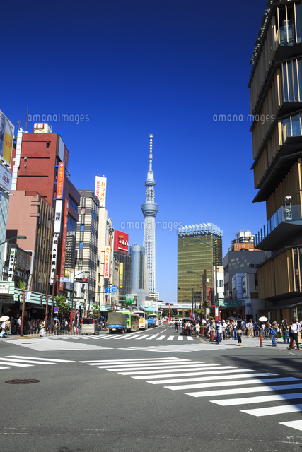 スカイツリーと雷門通り 雷門スクランブル交差点 の写真素材 イラスト素材 アマナイメージズ