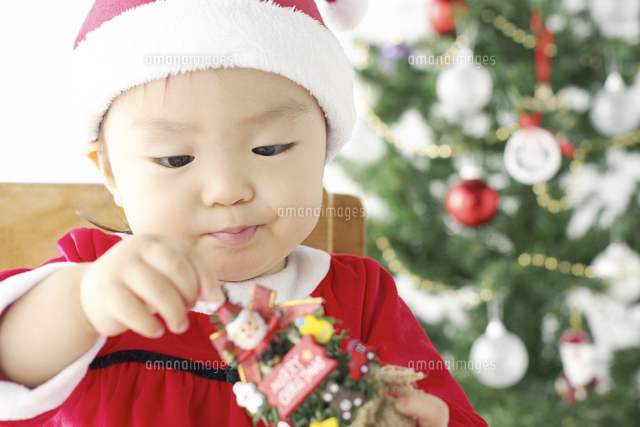 クリスマスツリーとサンタクロースの衣装を着た赤ちゃん の写真素材 イラスト素材 アマナイメージズ