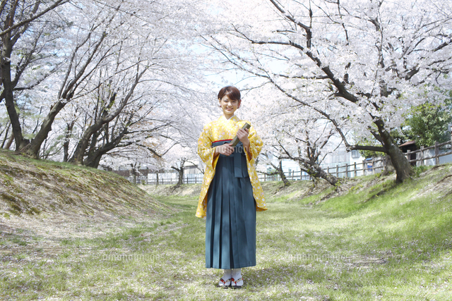 桜の前に立つ袴姿の女子大学生 の写真素材 イラスト素材 アマナイメージズ