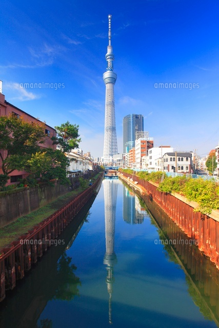 逆さ映りの東京スカイツリーと北十間川 の写真素材 イラスト素材 アマナイメージズ