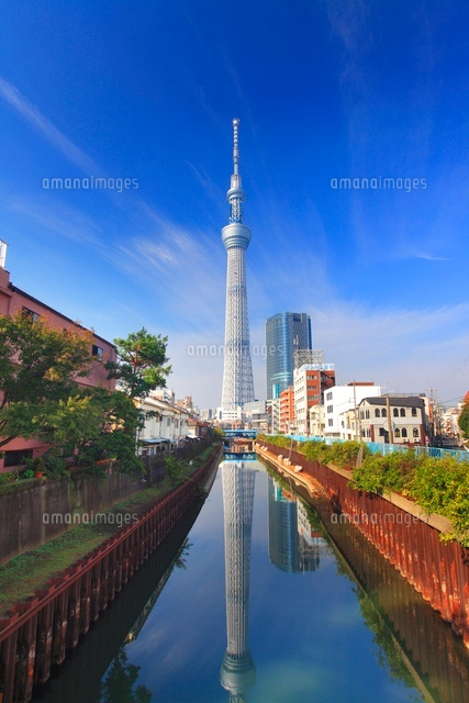 逆さ映りの東京スカイツリーと北十間川 の写真素材 イラスト素材 アマナイメージズ
