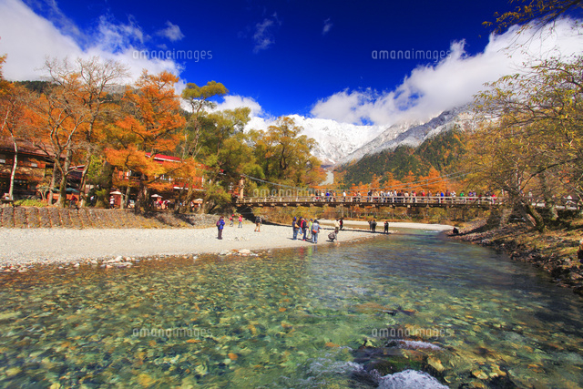 新雪と紅葉の穂高連峰と梓川の清流と河童橋[10247010201]の写真
