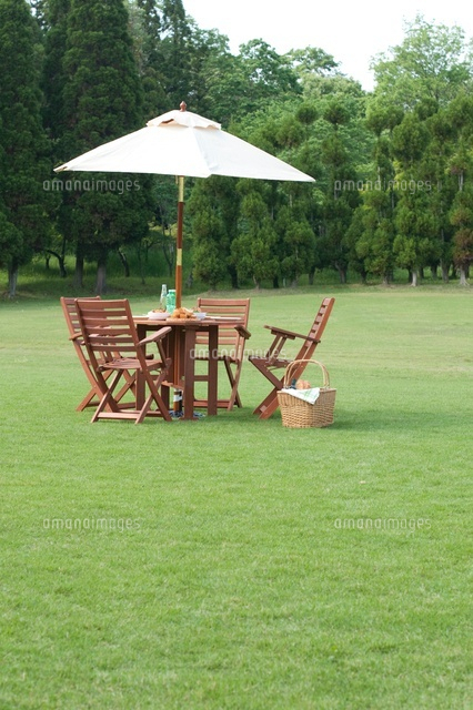 新緑の公園とガーデンテーブルセットとパラソル の写真素材 イラスト素材 アマナイメージズ