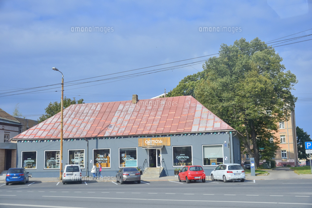 ラトビア 首都リガ リガ郊外の車窓から見た車が並ぶピンク色の屋根 の店舗と大きな木の景観 の写真素材 イラスト素材 アマナイメージズ