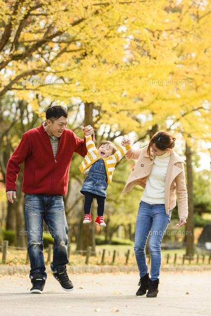 紅葉の公園で高い高いする親子 の写真素材 イラスト素材 アマナイメージズ