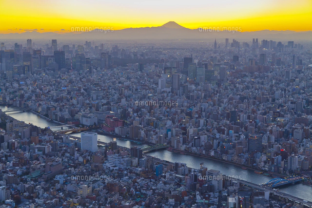 東京スカイツリー展望デッキから見た夕暮れの東京と富士山[10282002177