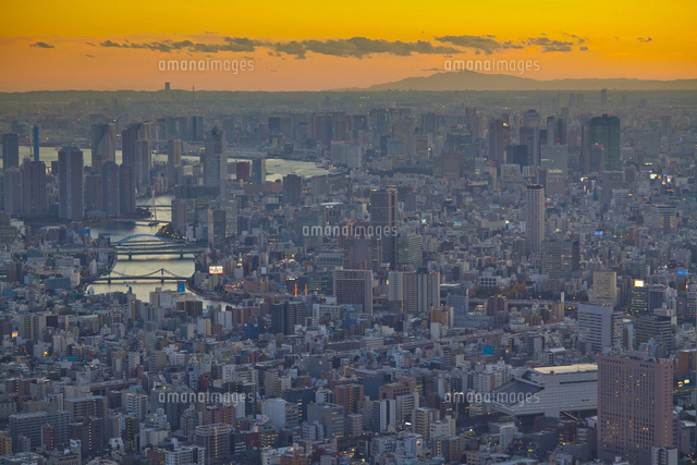 東京スカイツリー展望デッキから見た夕暮れの東京と富士山[10282002177
